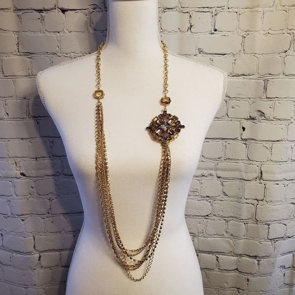 Chico's Gold Tone 21" Long Statement Multi Layered Necklace Vintage - Picture 1 of 3